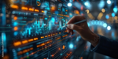 Close-up of a hand using a pen to interact with futuristic digital data interfaces displaying graphs, charts photo