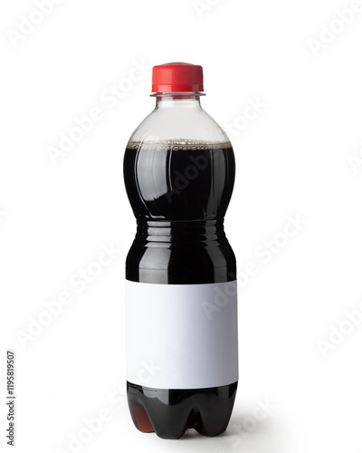 Soda bottle with red cap on white background - mockup photo