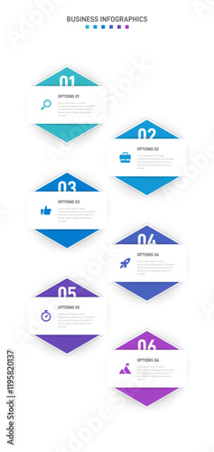 Vertical progress bar featuring 6 arrow-shaped elements, symbolizing the six stages of business strategy and progression. Clean timeline infographic design template. Vector for mobile presentation.