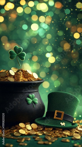 A 3D-rendered black pot of gold coins with a green leprechaun hat, set against a soft green bokeh background. Perfect for St. Patrick's Day promotions.
