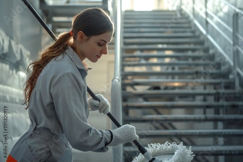 Woman in janitor uniform cleaning staircase with a mop, focusing on her dedication to maintaining cleanliness and hygiene.