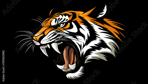 Wallpaper Mural Ferocious tiger head on a black background: Portrait of a tiger with an open mouth, a detailed shot of its long, sharp fangs Torontodigital.ca