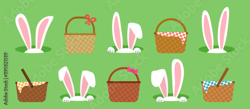 Easter bunny ears and basket icon, rabbit hole and picnic bag on green background. Cute animal character, cartoon egg hunt, funny spring set. Holiday vector illustration