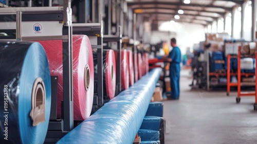 A robotic line is efficiently wrapping goods with shrink film in a well-lit warehouse