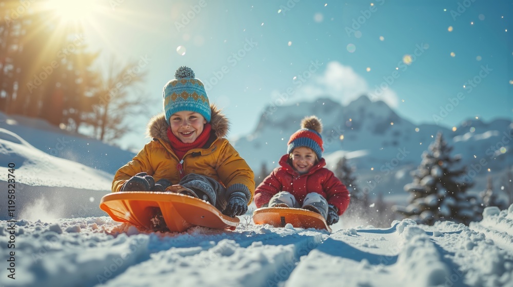 Two children sledding down a hill in the snow Two children sledding down a hill in the snow