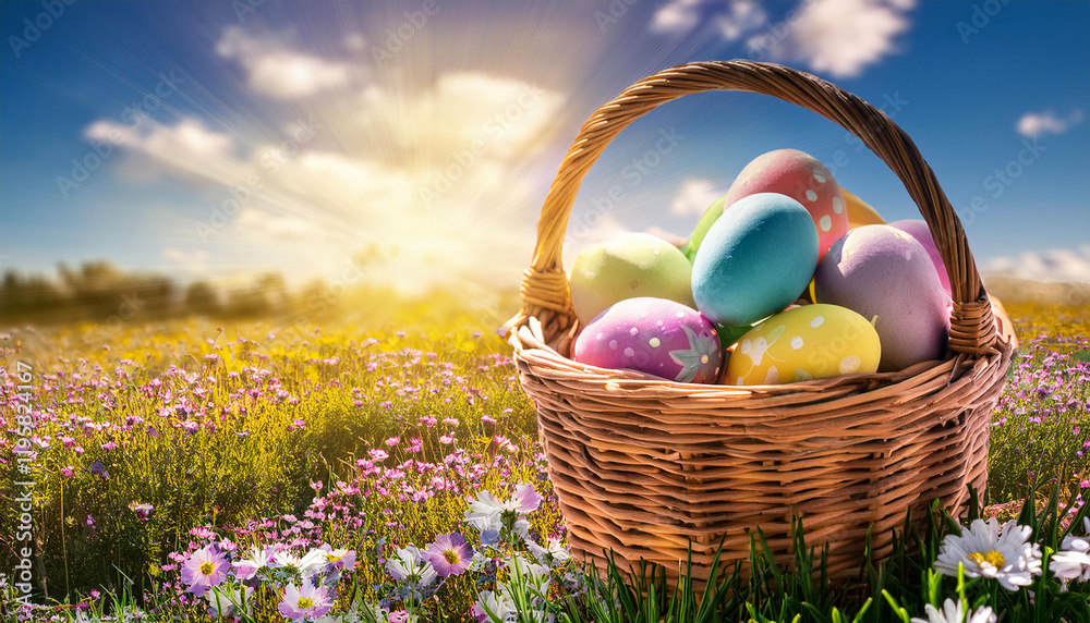 Colorful Easter eggs in a flower field, lying in green grass, in the background the sun and a bunny, warm nice spring day Colorful Easter eggs in a flower field, lying in green grass, in the background the sun and a bunny, warm nice spring day