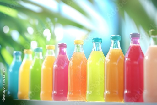 Freshly squeezed juices in vibrant bottles are lined up, showcasing a spectrum of colors. The setting is bright and cheerful, perfect for a refreshing summer experience photo