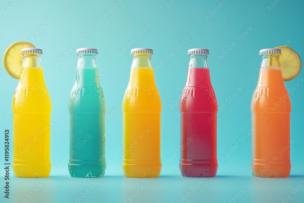 Brightly colored bottles of freshly squeezed juices line up against a vibrant backdrop. Each bottle showcases a different flavor, creating an inviting and refreshing display Brightly colored bottles of freshly squeezed juices line up against a vibrant backdrop. Each bottle showcases a different flavor, creating an inviting and refreshing display