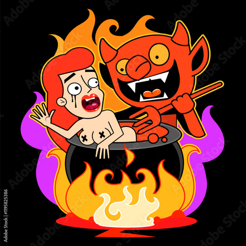 Sinners atone for their sins in purgatory. Religious belief of intermediate state after physical death for expiatory purification, or as punishment of the damned. Modeled on woodcut from 15th century.