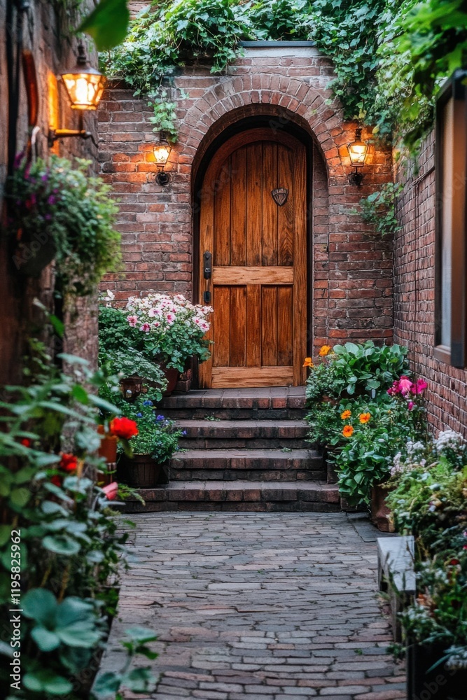 A delightful brick pathway meanders its way toward a rustic wooden door, beautifully framed by a stunning display of vibrant flowers and lush greenery. A delightful brick pathway meanders its way toward a rustic wooden door, beautifully framed by a stunning display of vibrant flowers and lush greenery.