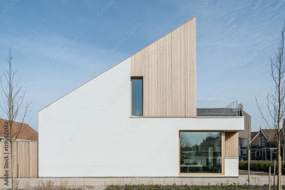 Modern architectural design of a minimalistic house showcasing a striking juxtaposition of textures in a suburban area on a clear day Modern architectural design of a minimalistic house showcasing a striking juxtaposition of textures in a suburban area on a clear day