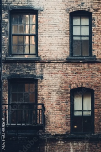 Urban architecture showcases aged brickwork and dark window frames in a historic building with a small balcony on a quiet street