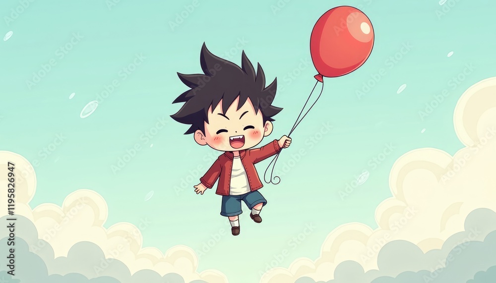 4K HD Wallpaper of Anime chibi boy with a mischievous grin, holding a balloon and floating above the ground. Anime Background. HD Backgrounds 4K HD Wallpaper of Anime chibi boy with a mischievous grin, holding a balloon and floating above the ground. Anime Background. HD Backgrounds