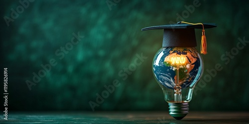 A creative concept featuring a lightbulb representing the Earth wearing a graduation cap, symbolizing innovative learning and educational success.