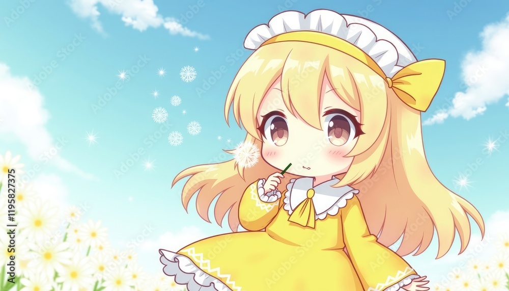 4K HD Wallpaper of Anime chibi character in a yellow outfit, blowing a dandelion with a dreamy expression. Anime Background. HD Backgrounds 4K HD Wallpaper of Anime chibi character in a yellow outfit, blowing a dandelion with a dreamy expression. Anime Background. HD Backgrounds
