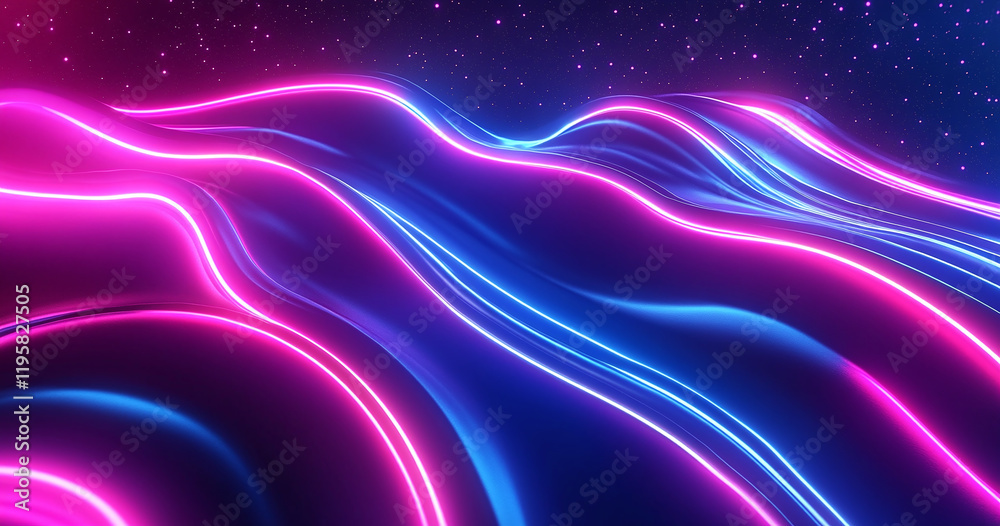 Obraz premium Abstract neon waves in vivid shades of pink, blue, and purple ripple across a dark cosmic backdrop filled with shimmering stars, evoking a futuristic and sci-fi visual atmosphere