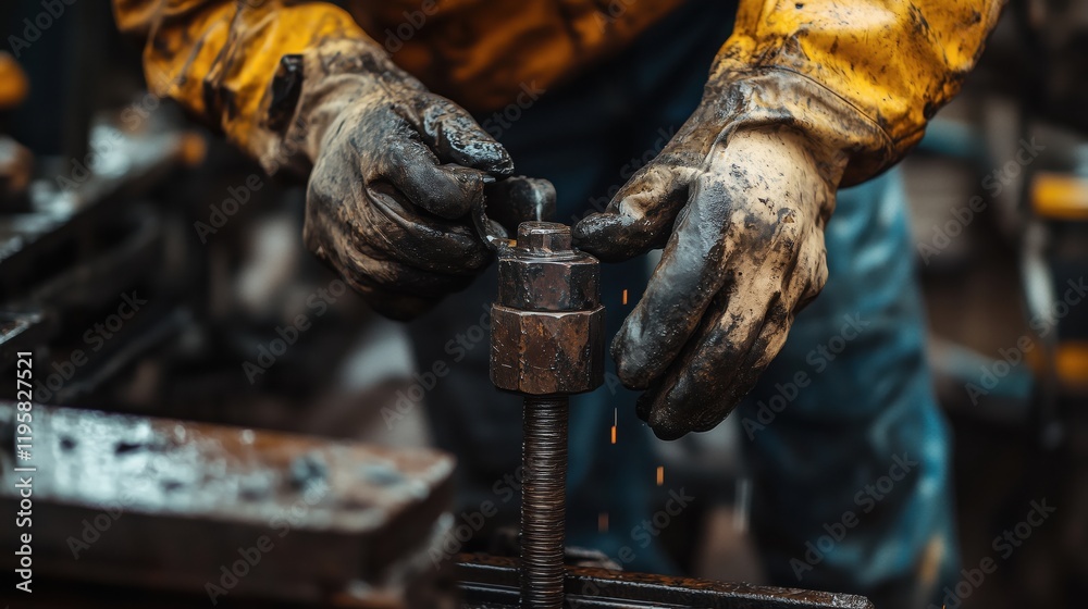 Close-up of worker's hands tightening a large bolt with a wrench, wearing dirty gloves and yellow protective sleeves Close-up of worker's hands tightening a large bolt with a wrench, wearing dirty gloves and yellow protective sleeves