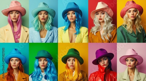 A group of women with different colored hair wearing hats photo