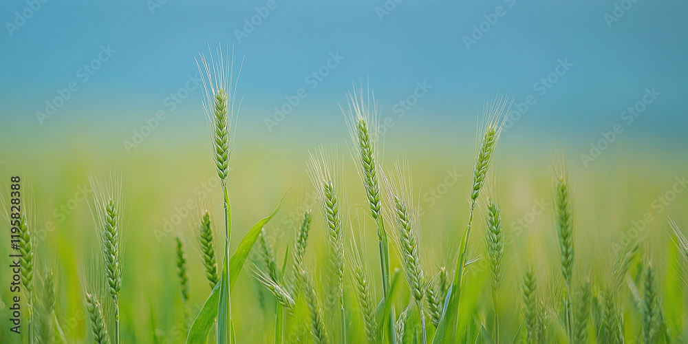 Green wheat field with tall stalks and a clear blue sky in the background, creating a peaceful and vibrant summer rural landscape. Green wheat field with tall stalks and a clear blue sky in the background, creating a peaceful and vibrant summer rural landscape.