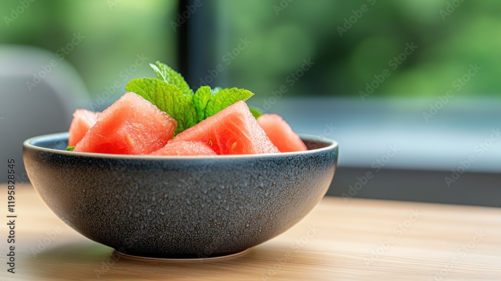 fresh summer salad, fresh watermelon and mint salad in a ceramic bowl, on a wooden table in a scandinavian-inspired kitchen with an open window fresh summer salad, fresh watermelon and mint salad in a ceramic bowl, on a wooden table in a scandinavian-inspired kitchen with an open window
