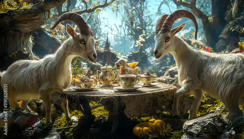 Goats having a tea party in a surreal setting
