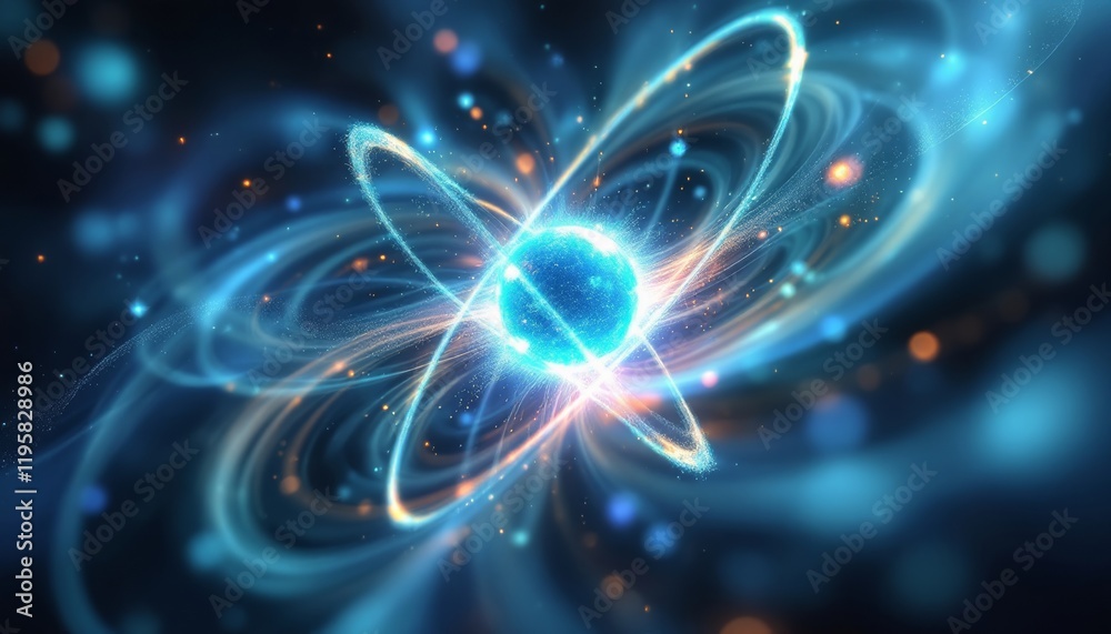A mesmerizing close-up view of an atom with swirling blue and green electron clouds A mesmerizing close-up view of an atom with swirling blue and green electron clouds