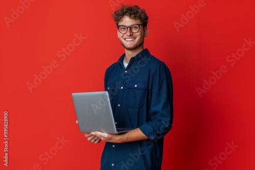 Young smiling modern man or male teacher holding laptop, isolated on blue
