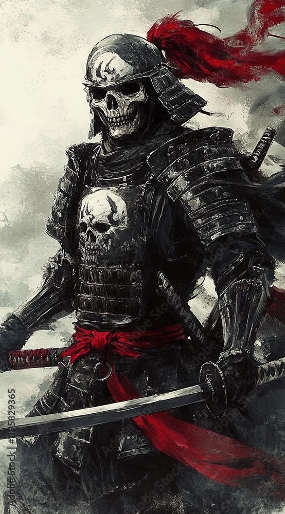 Fototapeta premium Concept art of an old samurai wearing full plate armor with a red sash, a skull motif on the helmet, and a sword in hand