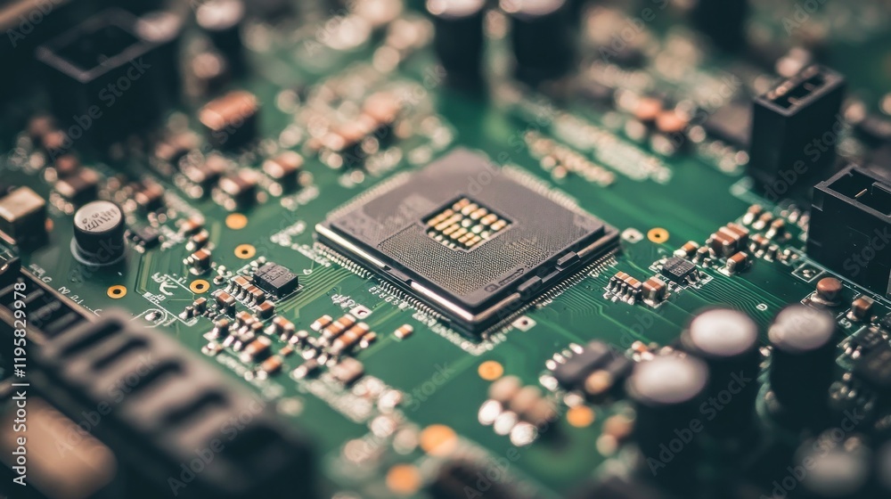 Closeup view of a circuit board and processor Closeup view of a circuit board and processor