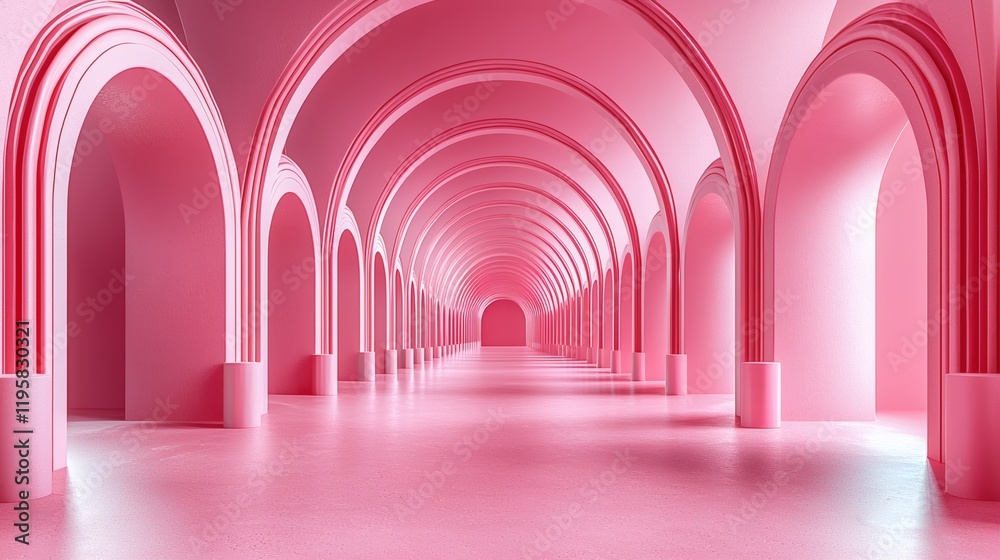 Fototapeta premium Pink Arches: An endless and hypnotic perspective of repeating pink arches and columns creates a surreal and captivating dreamscape.