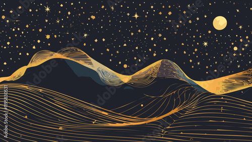 Night sky over rolling hills with stars and moon illuminating the landscape