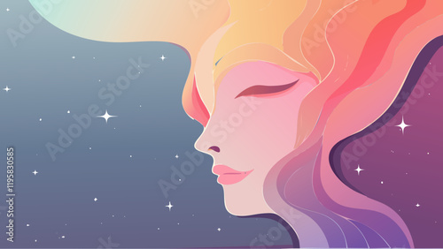 Portrait of a serene woman with flowing hair against a cosmic background with stars and a crescent moon
