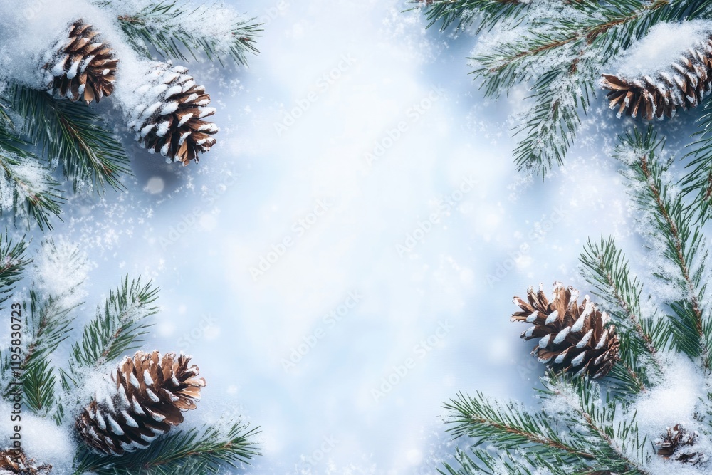 Christmas border design with snow covered pinecones