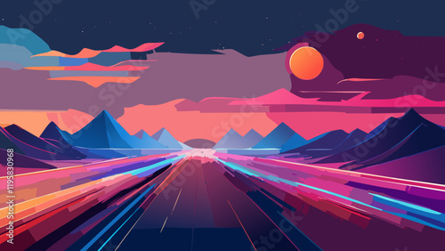 Vibrant digital landscape featuring mountains, a sunset, and distant planets in a stylized universe