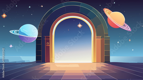 Colorful portal opens to a cosmic landscape with planets and stars in a night sky