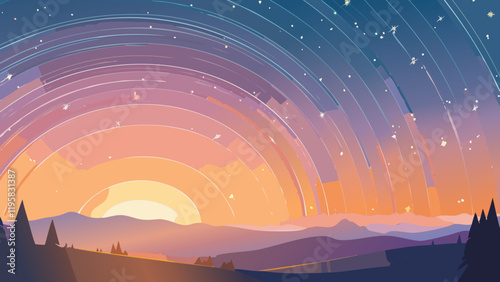 Colorful sunset over mountains with star trails and a serene landscape at dusk