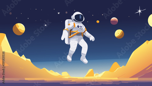 Astronaut floating in outer space near colorful planets and abstract landscape during a cosmic adventure