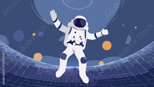 Astronaut floating in a colorful cosmic environment with abstract patterns and shapes in space