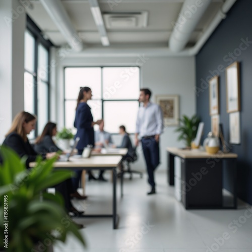 Modern abstract office space with busy workers background focusing on empty foreground for text or other design elements