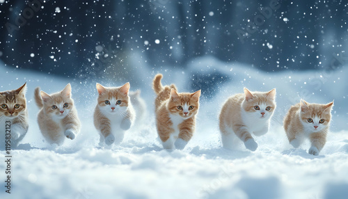 Group of cats in a long, narrow panoramic view, running through fluffy snow in the onset of winter, December, Christmas nature