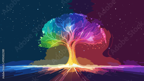 Colorful tree silhouette against a starry background creating a magical and vibrant atmosphere at night