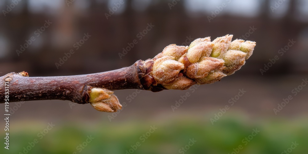 A budding branch hints at the promise of spring, featuring delicate textures and soft hues against a blurred natural background.