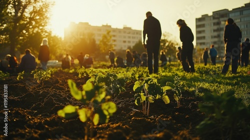 Golden Hour Community Garden Planting Young Plants photo