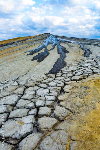 Romania, Buzau County, Berca. Botanical reservation Vulcanii Noroiosi de la Paclele Mici. Small volcano-shaped structures caused by eruption of natural gases.