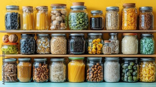 Glass Jars Filled With Various Dried Foods And Grains