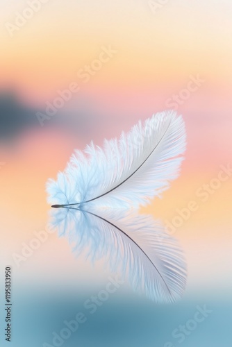 Single white feather floating in the air on pastel sky background with reflection on the water surface, light blue, pink and orange shades, copy space for text. sSrene and peaceful atmosphere.