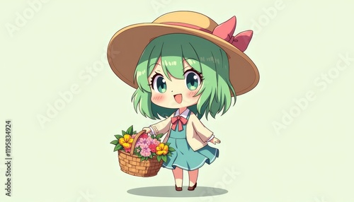 4K HD Wallpaper of Anime chibi character with green hair, wearing a large hat and holding a basket of flowers. Anime Background. HD Backgrounds