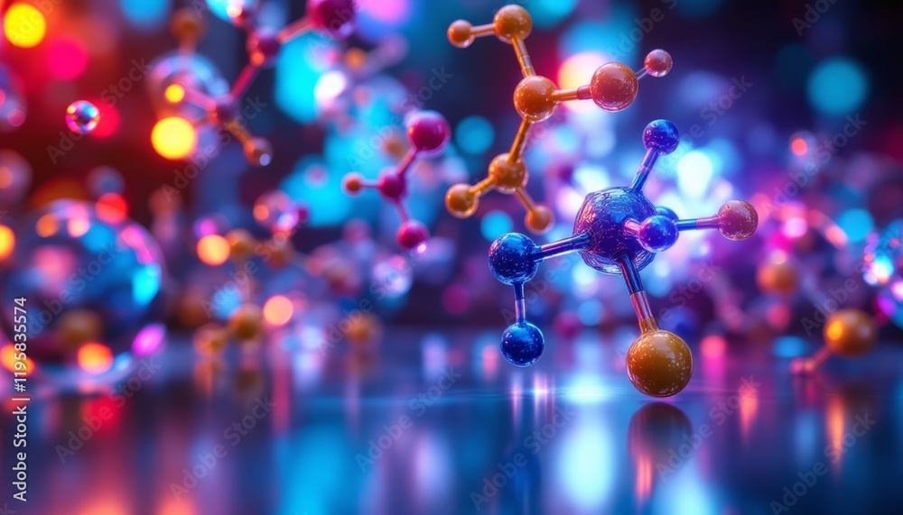 Dynamic 3D rendering of a complex organic molecule with glowing bonds in a futuristic lab Dynamic 3D rendering of a complex organic molecule with glowing bonds in a futuristic lab