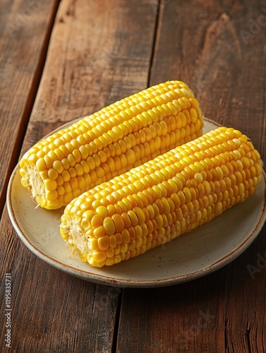 Two ears of corn, halved and grilled, served on a wooden board. photo