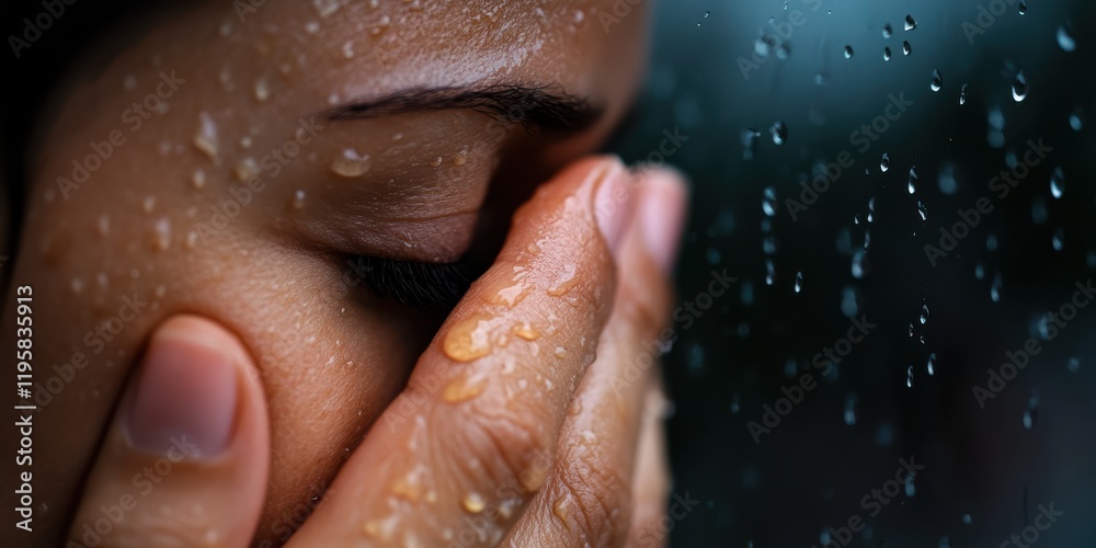 Obraz premium A close-up of a woman’s face with tears, rain on the window, capturing a moment of sadness.